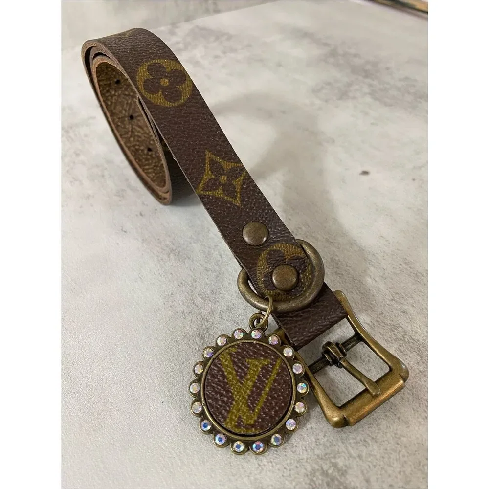 Brown Designer Monogram Dog Collar with Decorative Charm upcycle LV